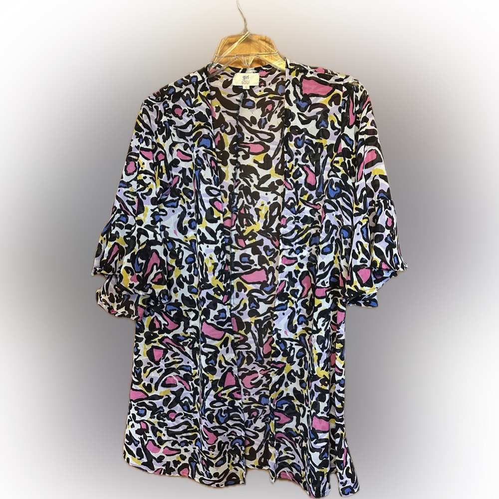 Vibrant Women's Sheer Abstract Print Open Front Cardigan
